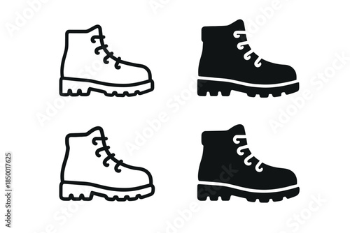 Set of four hiking boot icons in outline and solid black styles