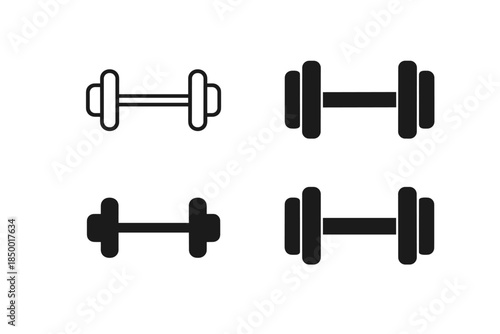 Set of four dumbbell icons in outline and solid black styles for fitness and exercise