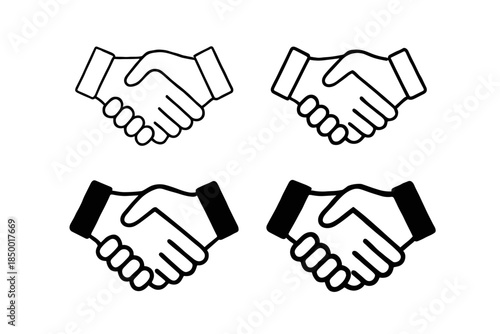 Handshake icons in outline and solid black styles for business agreement and partnership