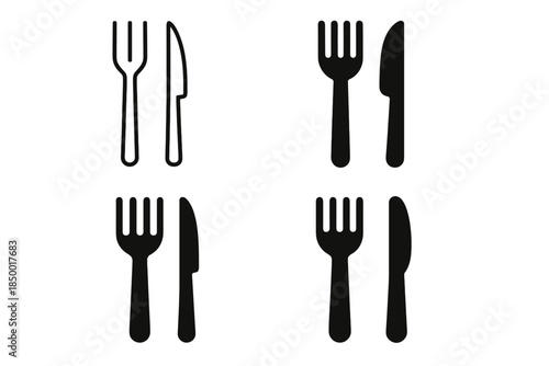 Set of four fork and knife icons, two outline and two solid black, arranged in a grid
