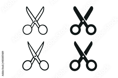 Set of four scissor icons, two outlined and two solid black, on a white background