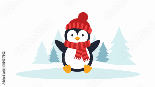 Penguin wearing red beanie and scarf standing on snow in winter landscape with coniferous trees