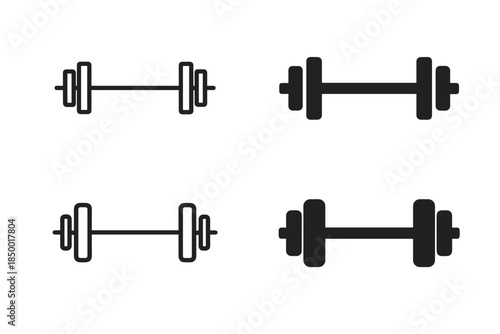 Set of four barbell icons representing different styles and weights for fitness and exercise