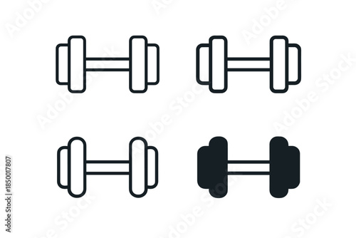 Set of four dumbbell icons in outline and solid fill styles for fitness and exercise