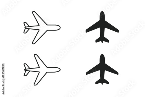Set of two outline and two solid silhouette airplane icons on a white background