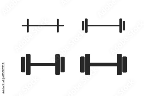 Collection of four simple dumbbell and barbell icons on a white background