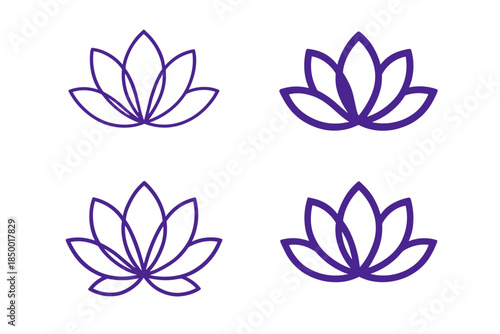Set of four minimalist purple lotus flower icons on a white background