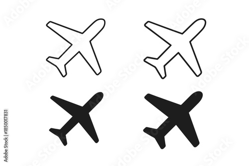 Set of four airplane icons, two outlined and two solid black silhouettes