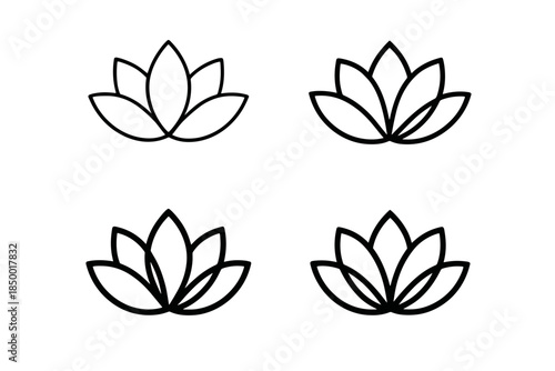 Minimalist lotus flower icons in a clean black and white line art style