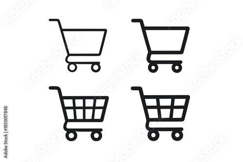 Collection of four shopping cart icons in different styles and line weights