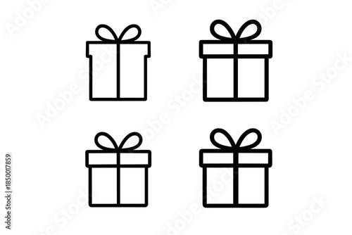 Set of four simple line art gift box icons with bows on a white background