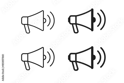Set of four megaphone icons with sound waves, representing announcements and communication