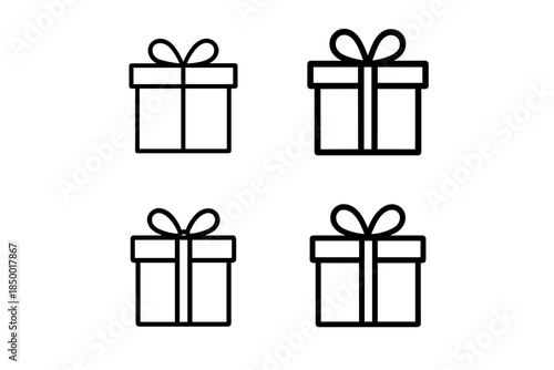 Set of four simple line art gift box icons with bows on a white background
