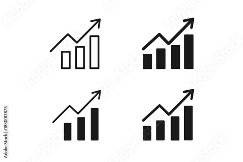 Set of four bar chart icons with upward trending arrows indicating growth and progress
