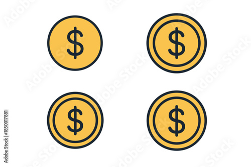 Set of four simple yellow coins with dollar signs on a white background