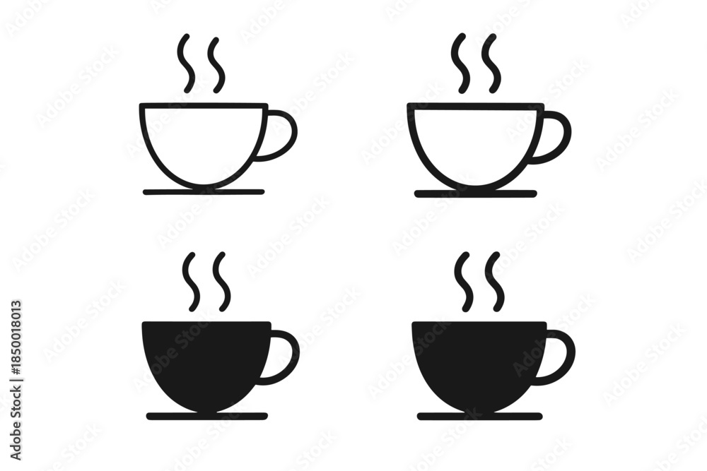 Obraz premium Set of four simple icons representing hot beverages in cups, both outlined and solid black