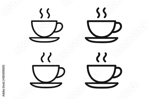 Set of four minimalist line art icons representing hot beverages in cups on saucers