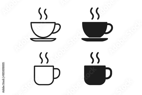 Collection of four steaming coffee cup icons in outline and solid styles