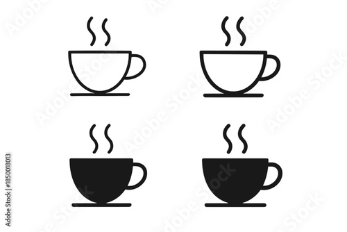 Set of four simple icons representing hot beverages in cups, both outlined and solid black