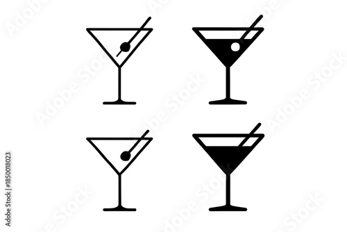 Set of four martini glass icons with olives and straws, minimalist design