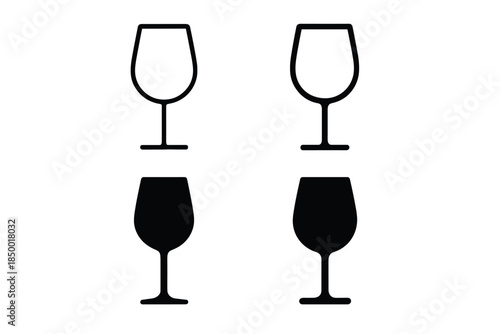 Set of four wine glass icons, two outline and two solid black silhouettes
