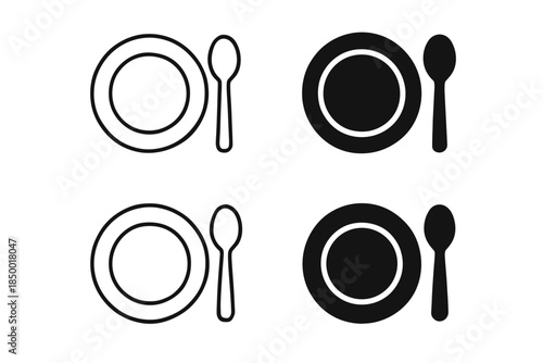 Set of four plate and spoon icons, two outline and two filled, for meal service