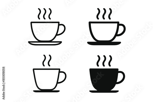 Collection of four steaming coffee cup icons in different styles and colors