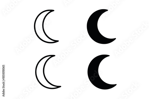 Simple crescent moon icons in outline and solid black styles for design