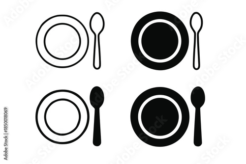 Set of four plate and spoon icons, two outlined and two solid black