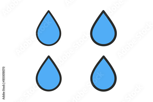 Four blue water drops with black outline on a white background