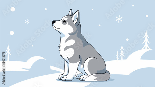 Husky with gray and white fur sitting in a snowy winter landscape