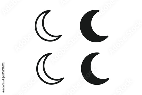 Set of four crescent moon icons, two outlined and two solid black