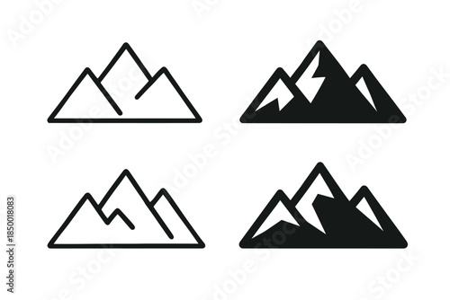 Set of mountain range icons in outline and solid fill styles for graphic design