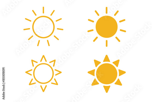 Collection of four stylized sun icons in yellow and orange on a white background