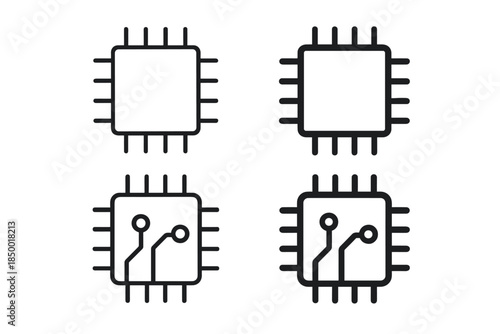 Set of four simple line art icons representing microchips and processors on a white background