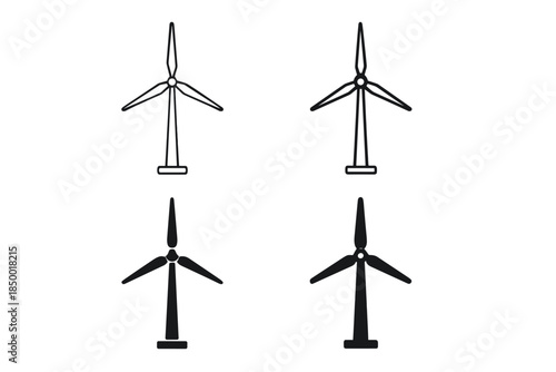 Set of four wind turbine icons in outline and solid black styles