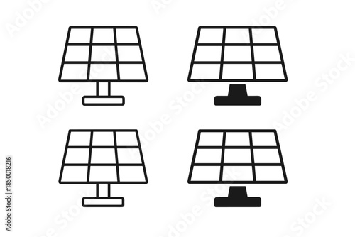 Set of solar panel icons in outline and solid fill styles for renewable energy concepts