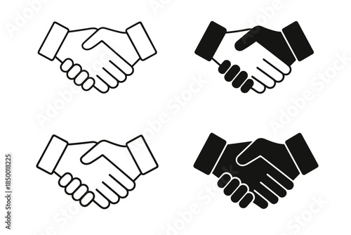 Set of handshake icons in black and white line art and solid fill styles