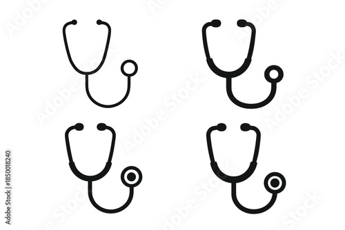 Set of four black stethoscope icons on a white background for medical use