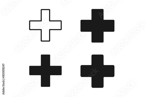 Four plus signs, one outlined and three solid black, arranged in a two-by-two grid