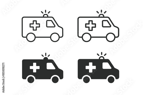 Ambulance icons in outline and solid black styles for medical emergency services