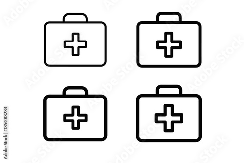 Set of four medical first aid kit icons with a cross symbol on a white background
