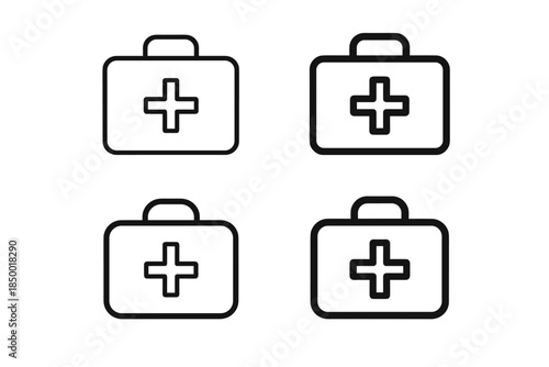 Set of four simple line art medical first aid kit icons with a cross symbol