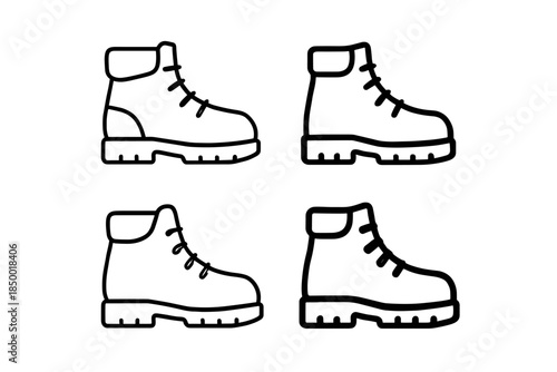 Set of four black and white line art icons of hiking boots