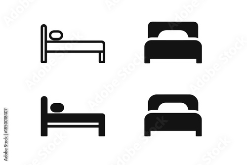 Set of four simple bed icons in black and white, representing sleep and rest