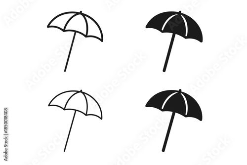 Set of four simple beach umbrella icons in black and white line art and solid fill