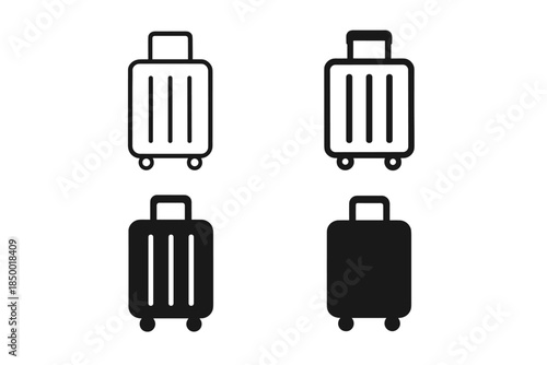 Set of four suitcase icons, two outlined and two solid black, representing travel and luggage
