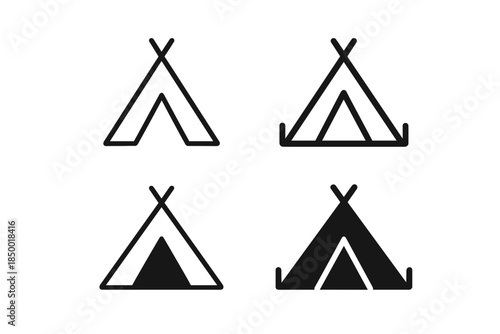 Set of four simple tent icons in outline and solid fill styles for camping and outdoor adventures