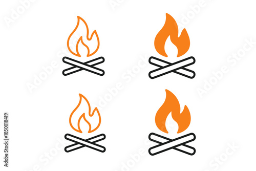Set of four simple campfire icons with orange flames and crossed logs