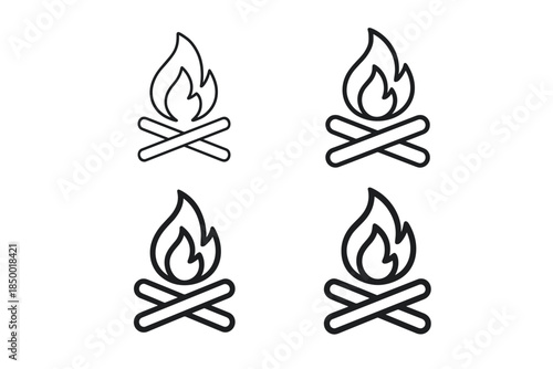 Set of four simple line art icons representing a campfire with crossed logs and flames